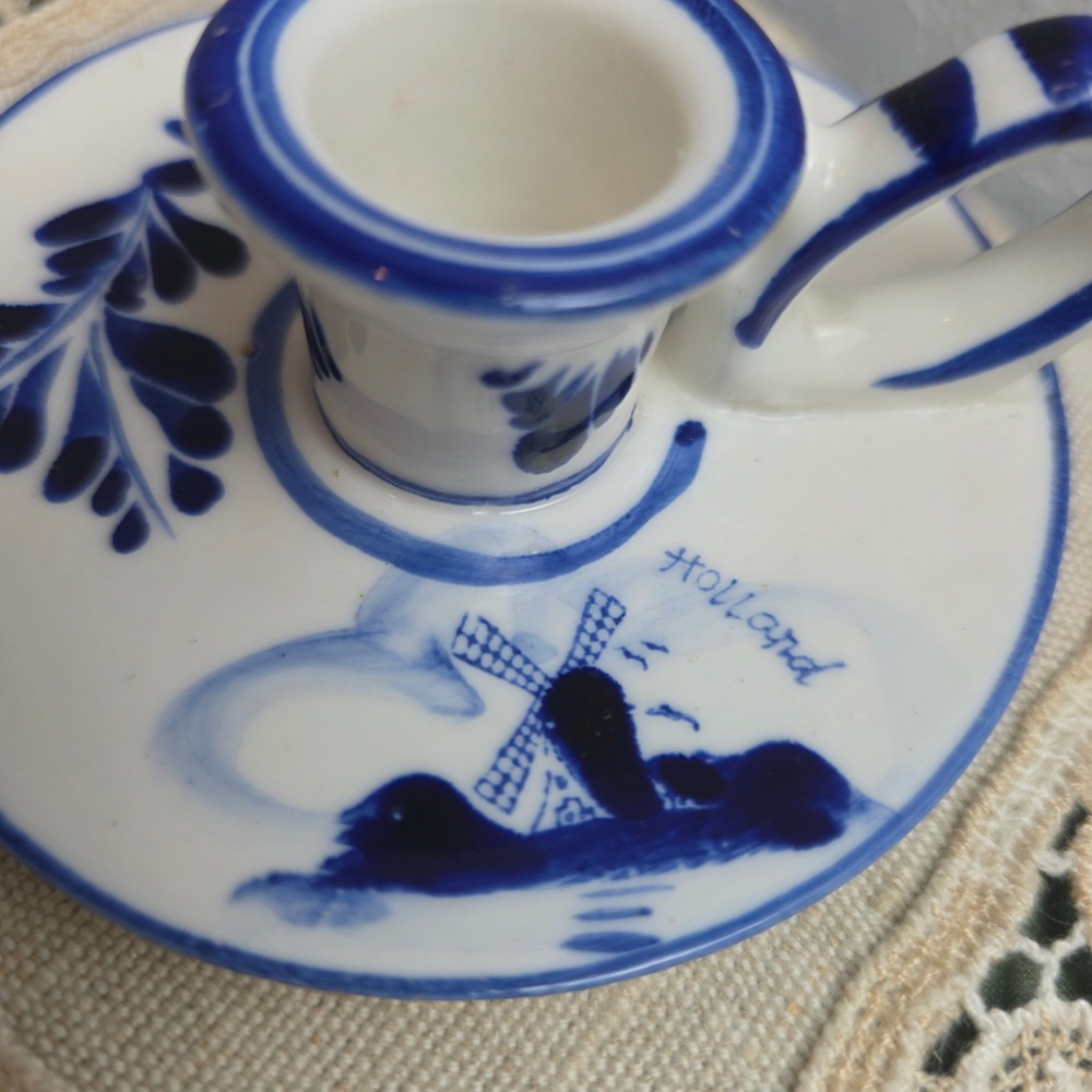 Delft Blue Hand Painted Ceramic Chamberstick Candle Holder Windmill Holland - Picture 4 of 7